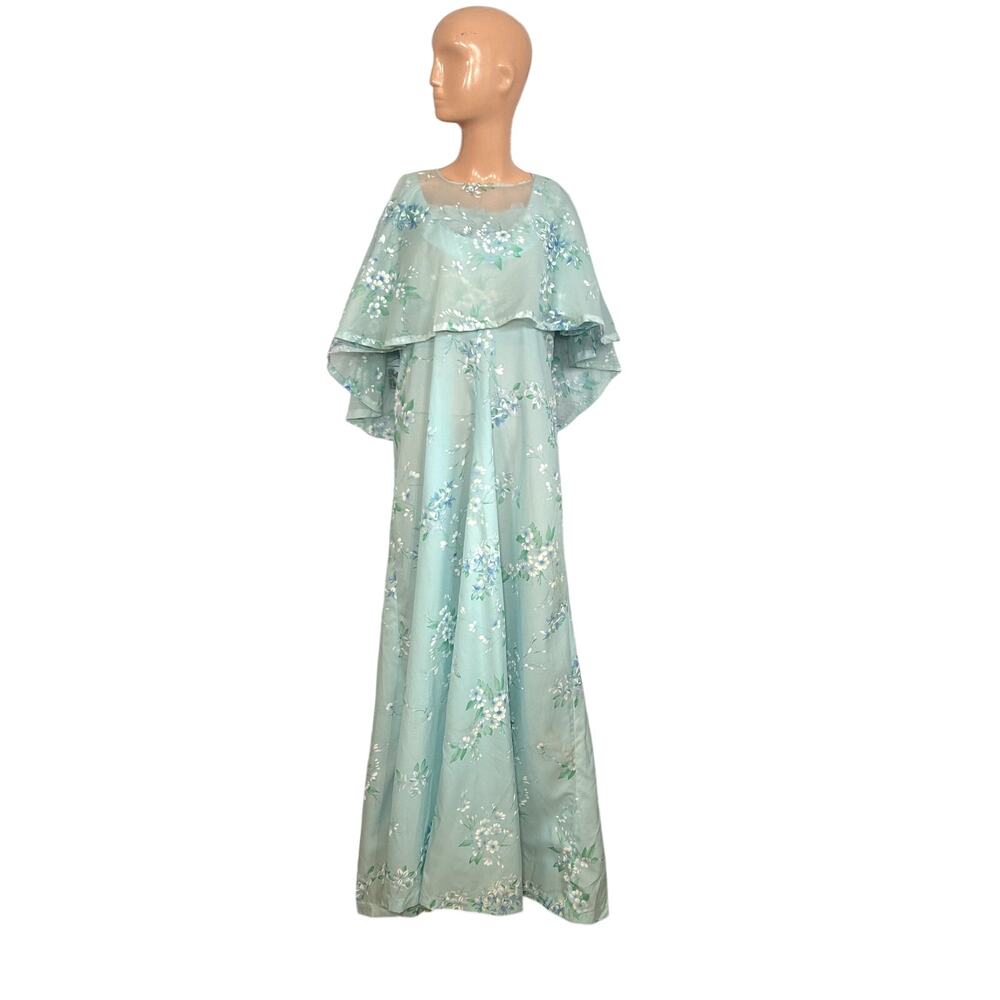 VTG 70s Handmade L Blue Floral Chiffon Capelet Maxi Dress Cottagecore Fairy Glam